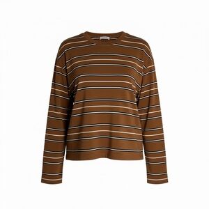 COS Women’s Brown Striped Long Sleeve Tan Navy White Stripes Crew Neck Tee Sz M